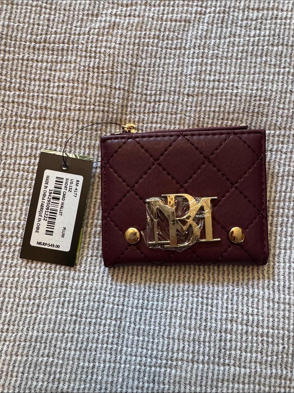 Quilted Plum Card Wallet with Gold Hardware
